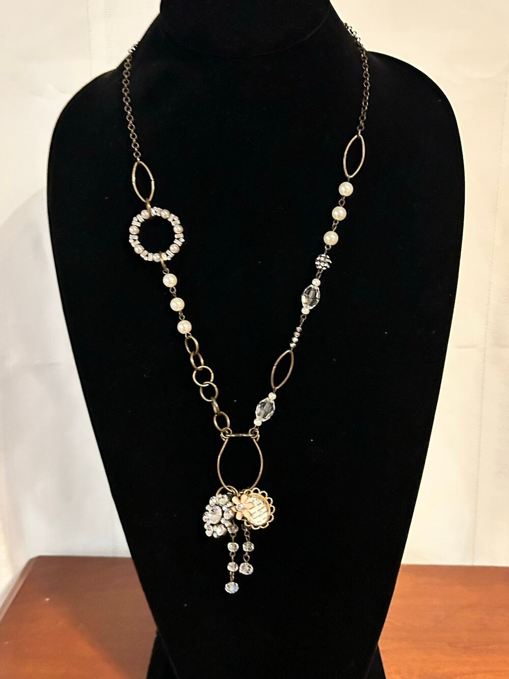 Plunder Danielle Vintage Charm Necklace 34" Black Gold Beads Pearls Crystals